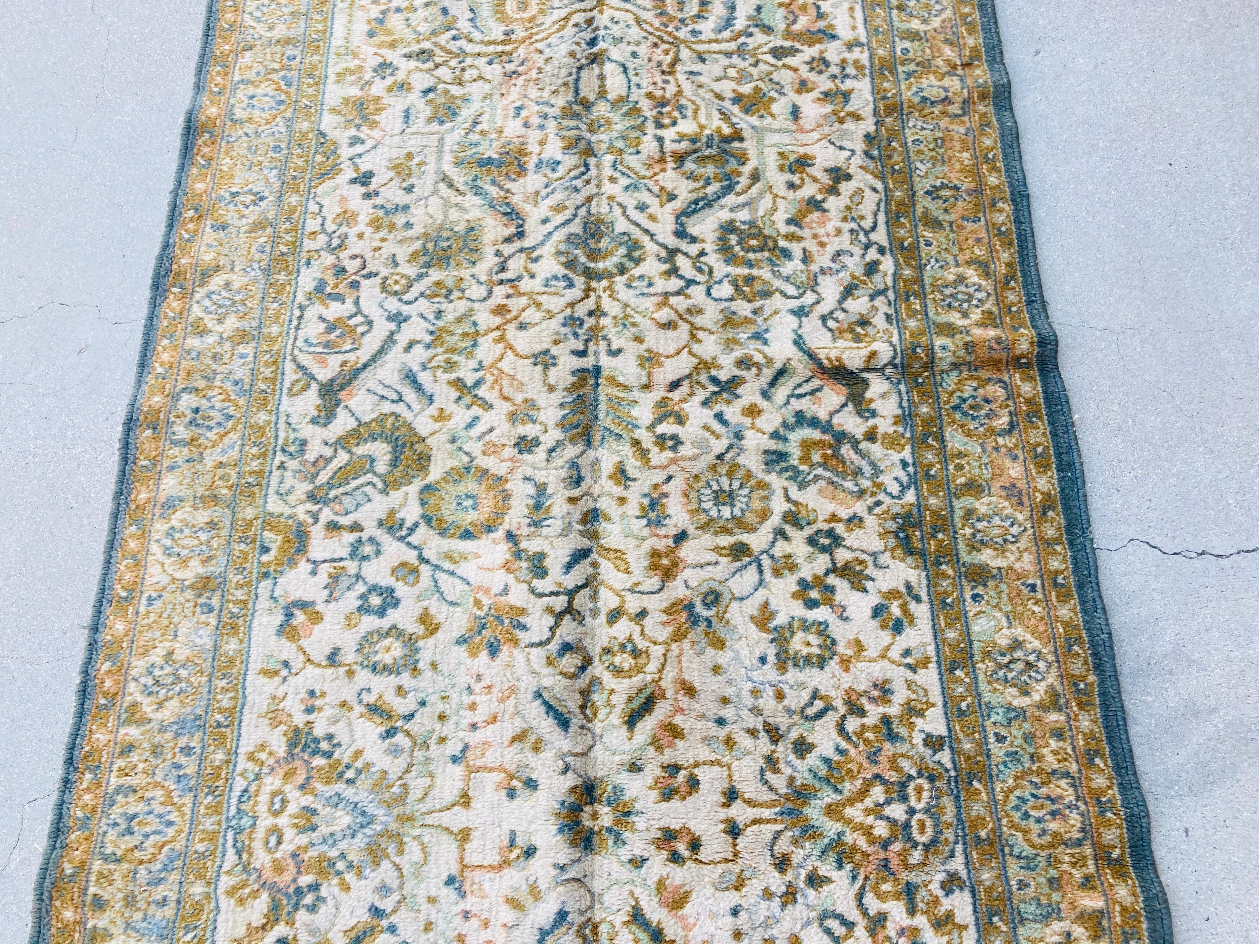 Wool 1950s Hand Knotted Green Runner from Turkey For Sale