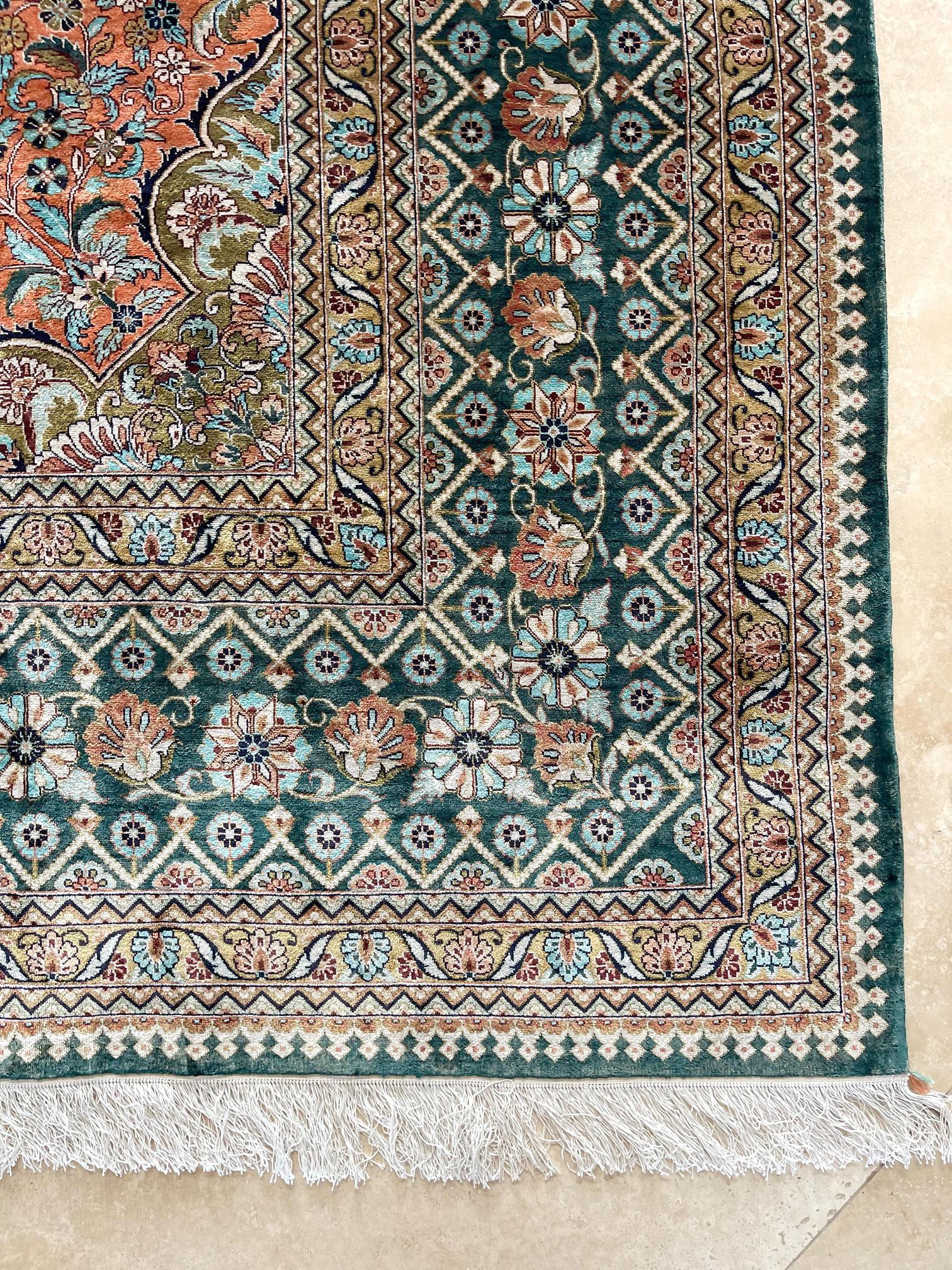 Hand Knotted Green Semi Floral Turkish Silk Rug  For Sale 5
