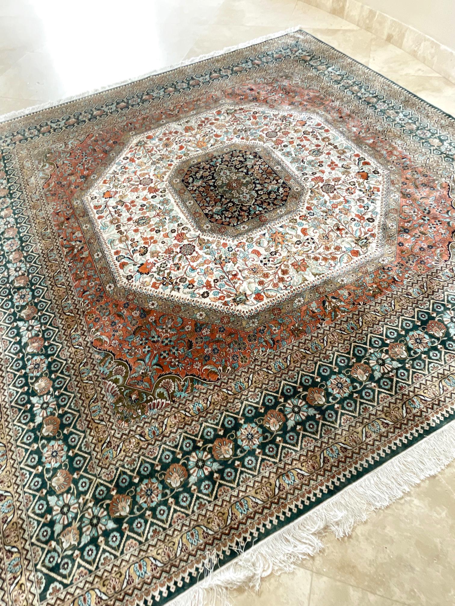 Hand Knotted Green Semi Floral Turkish Silk Rug  For Sale 6