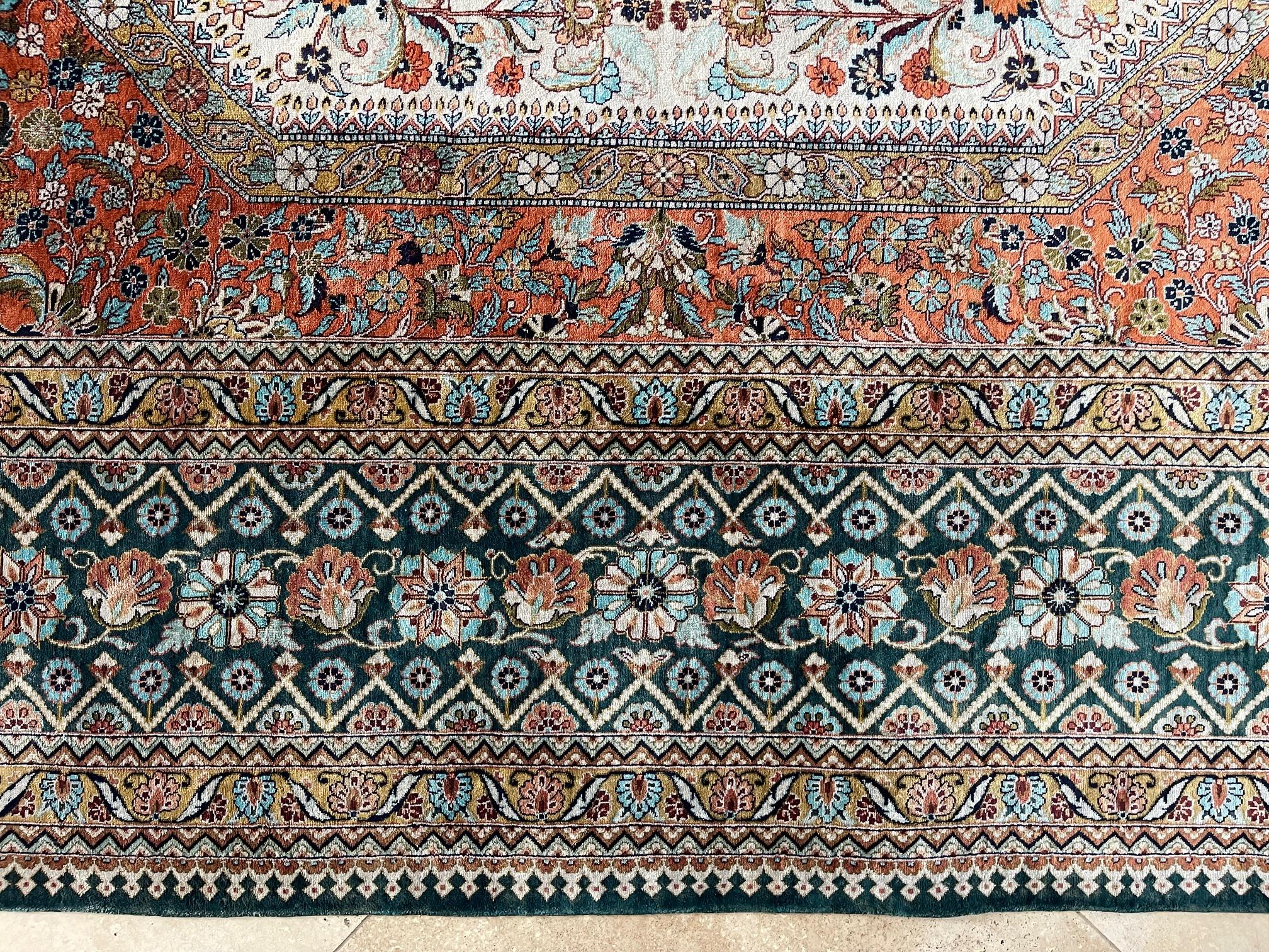 Hand Knotted Green Semi Floral Turkish Silk Rug  For Sale 8