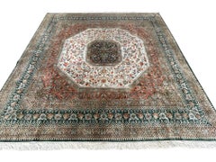 Hand Knotted Green Semi Floral Turkish Silk Rug