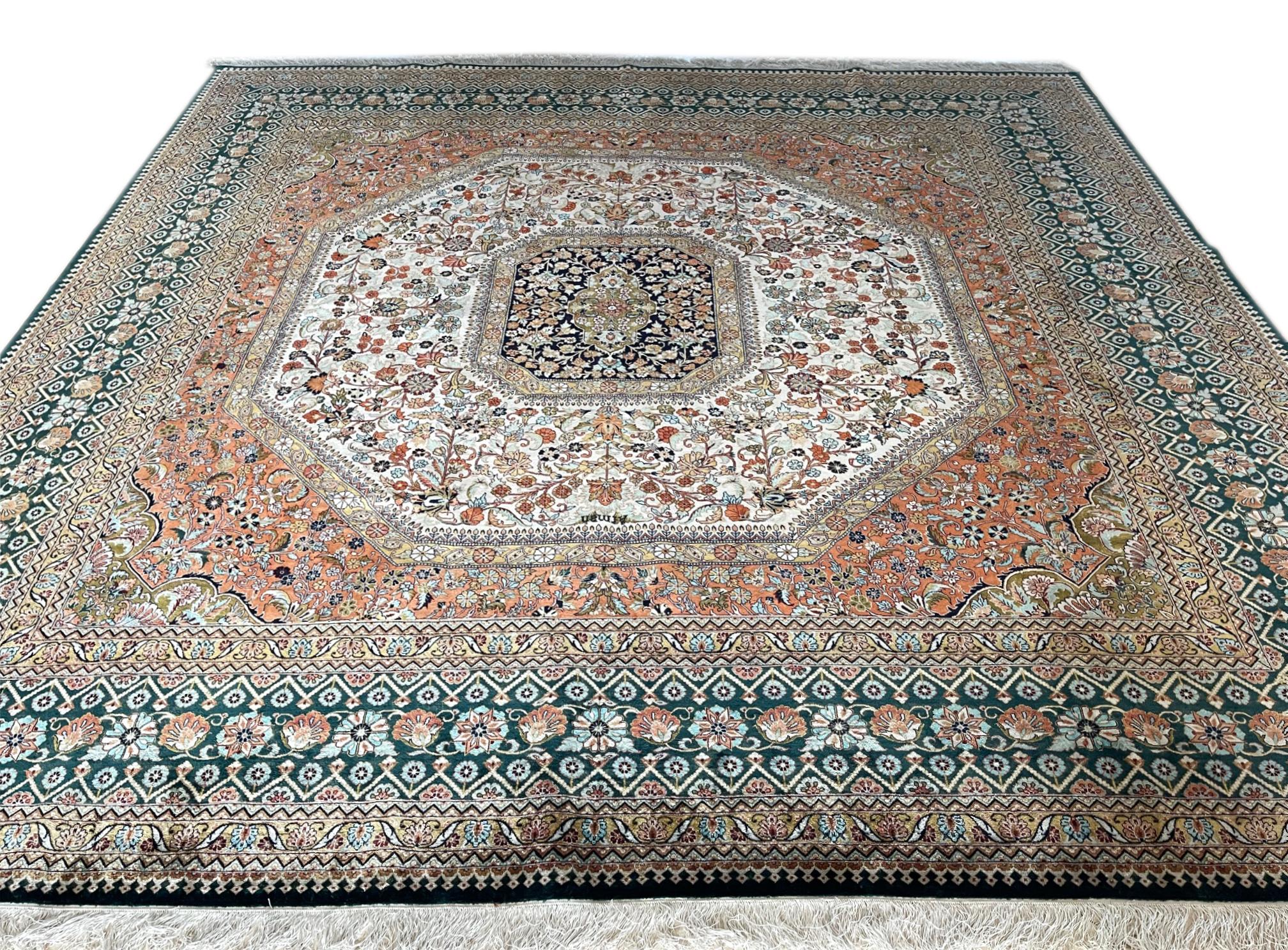 Hand-Knotted Hand Knotted Green Semi Floral Turkish Silk Rug  For Sale