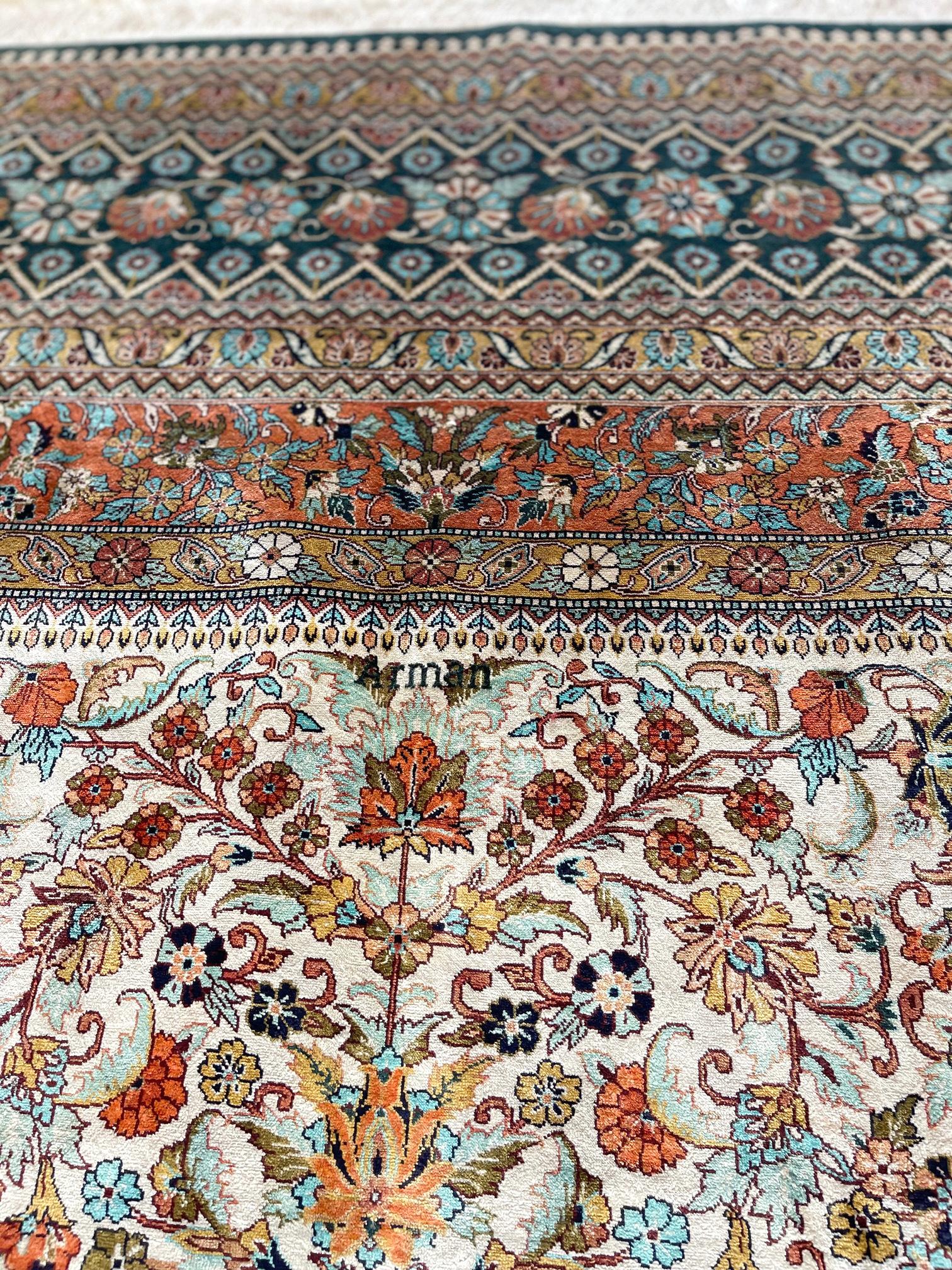 Hand Knotted Green Semi Floral Turkish Silk Rug  For Sale 4