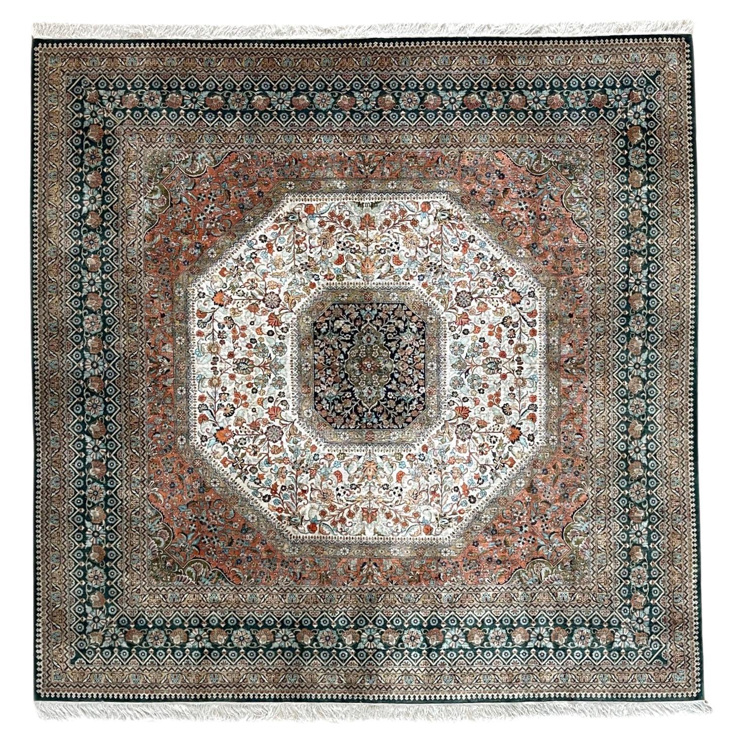 Hand Knotted Green Semi Floral Turkish Silk Rug  For Sale