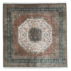 Retro Hand Knotted Green Semi Floral Turkish Silk Rug 