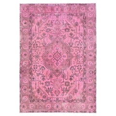 Hand Knotted Hot Pink Vintage Overdyed Persian Tabriz Distressed Worn Wool Rug