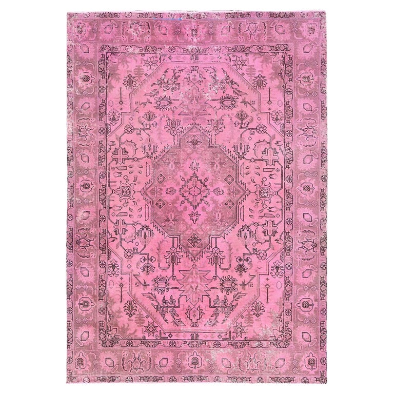 Hand Knotted Hot Pink Vintage Overdyed Persian Tabriz Distressed Worn