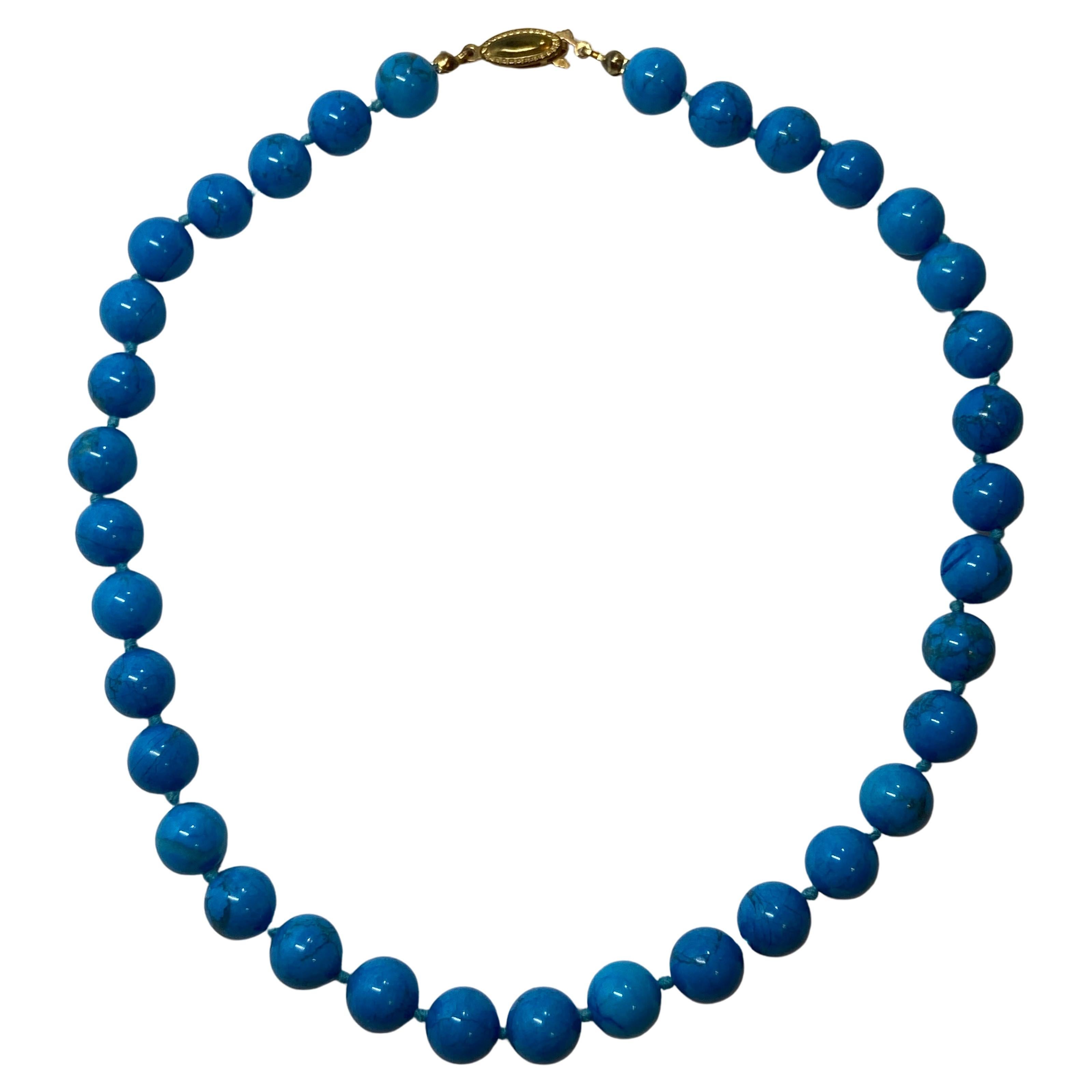 Hand-Knotted Howlite Turquoise-Color Cabochon Choker With Gold Hardware Clasp 