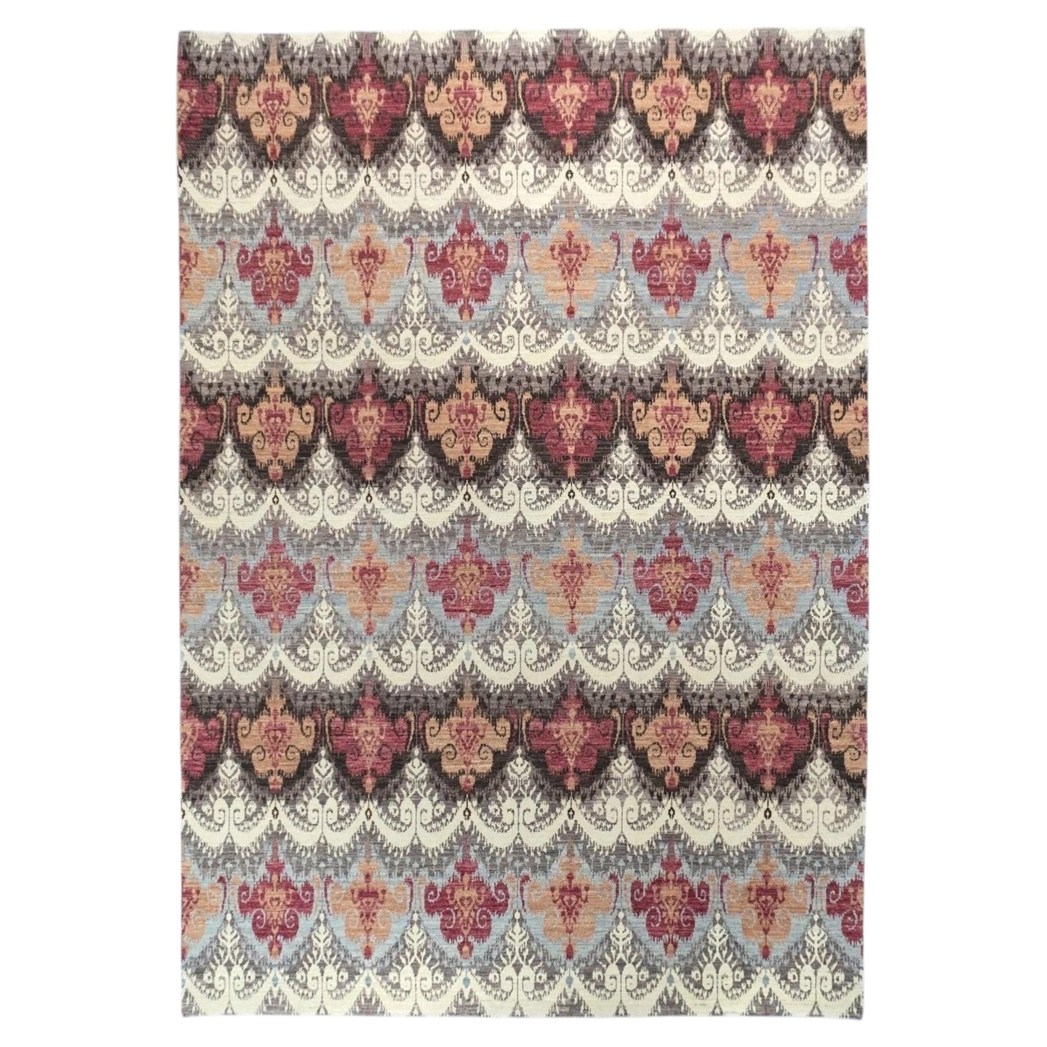 Hand-Knotted Ikat Transitional Wool Area Rug, 8'x10', Afghan Craftsmanship For Sale