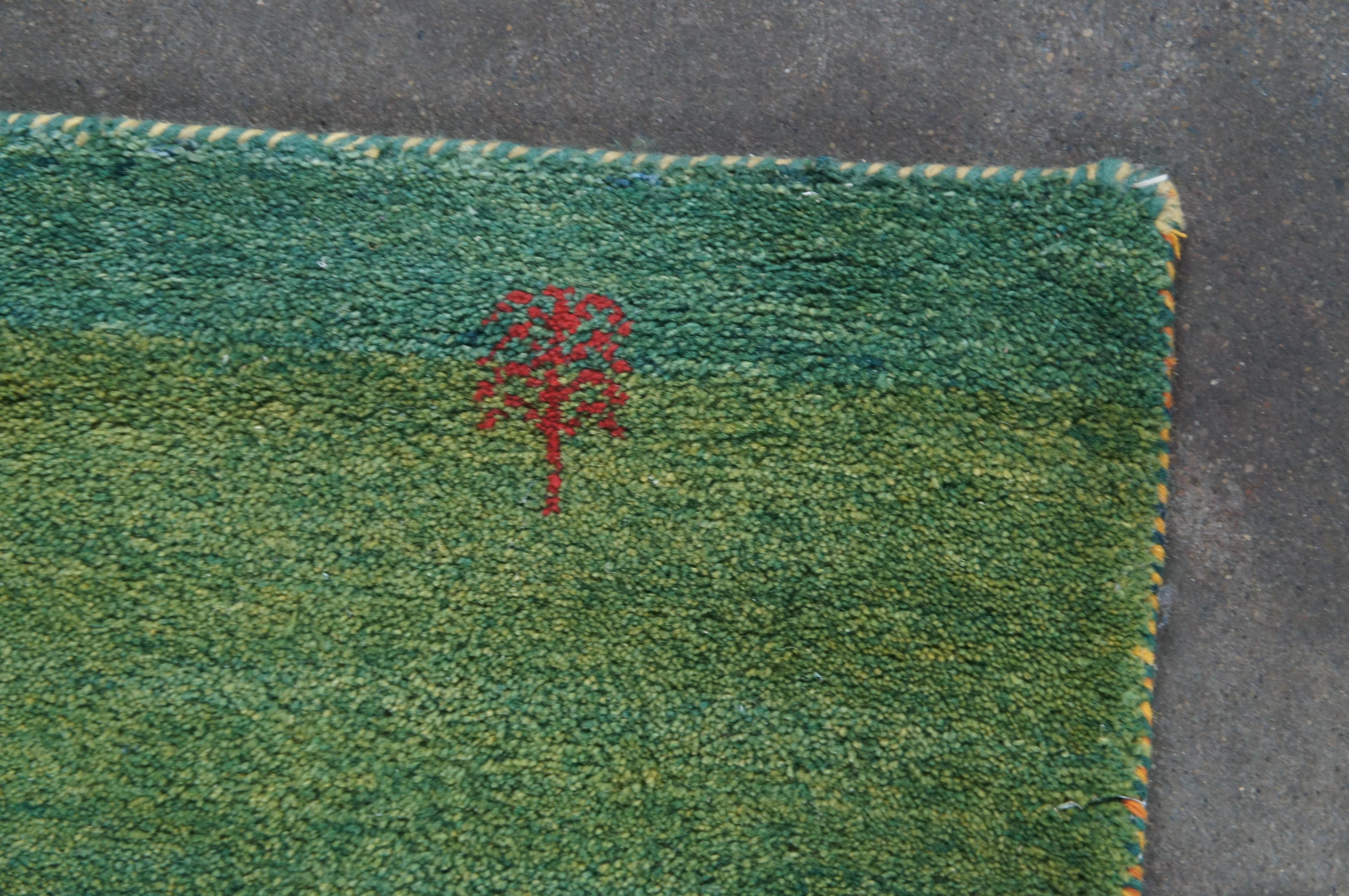 Tapis de sol indien noué à la main Gabbeh Laine Vert Moderne Figures Tapis 4 x 6' Bon état - En vente à Dayton, OH