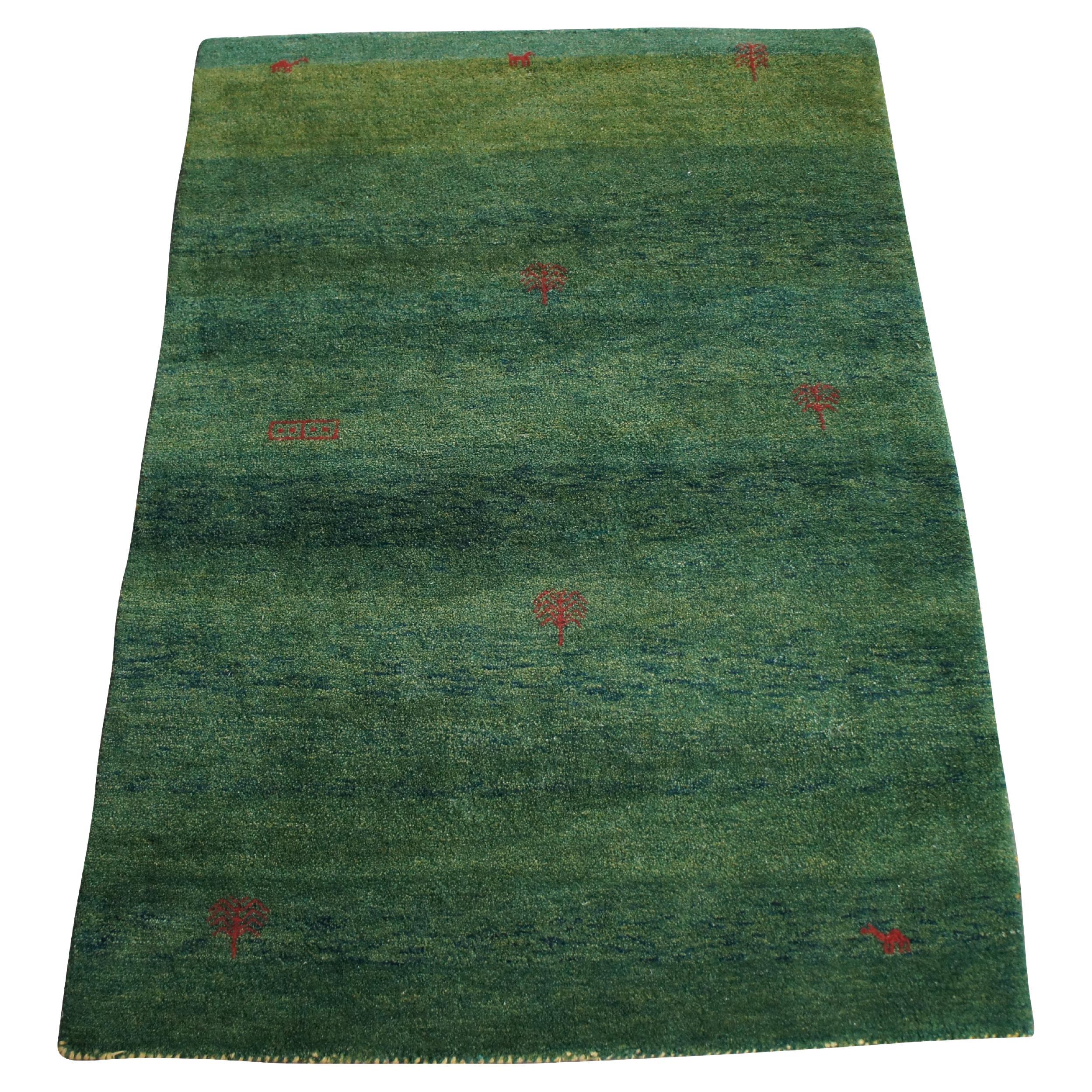 Tapis de sol indien noué à la main Gabbeh Laine Vert Moderne Figures Tapis 4 x 6
 en vente
