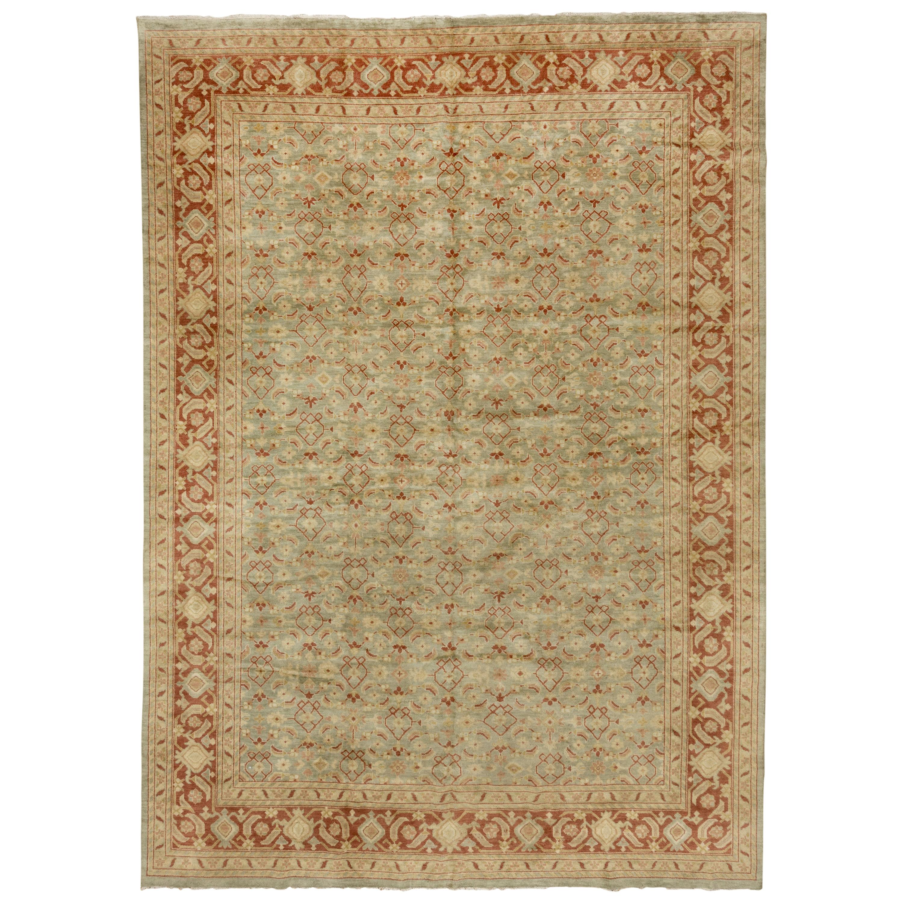 Hand Knotted Indian Mahal Design Carpet, Seafoam Colored Field, Red Borders
