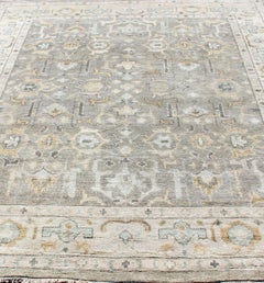 Hand-Knotted Indian Oushak in Faded Green, Taupe, Gold and Cream