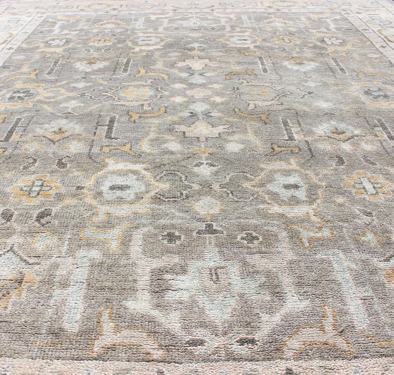 Hand-Knotted Indian Oushak in Faded Green, Taupe, Gold and Cream In Excellent Condition For Sale In Atlanta, GA