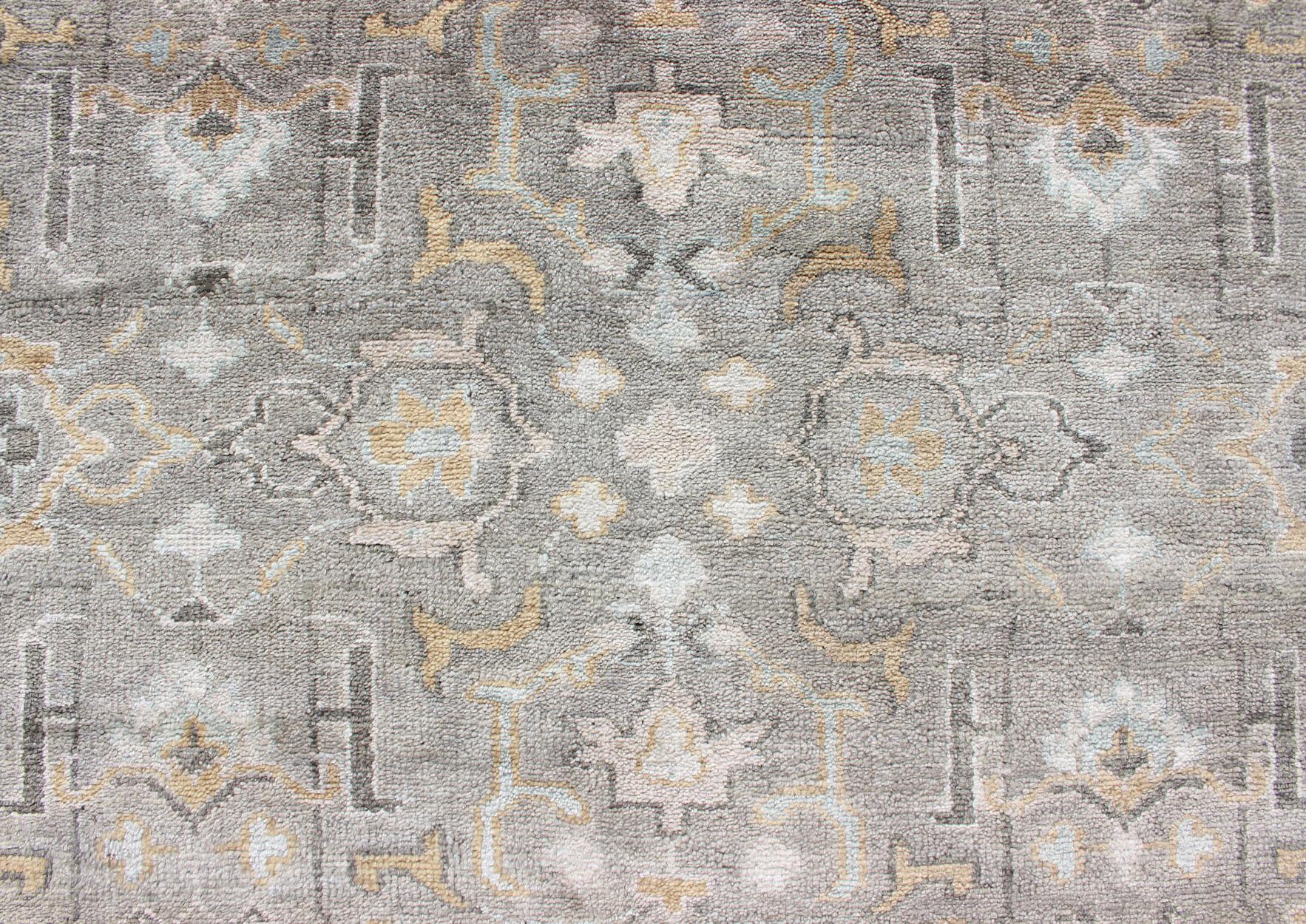 Contemporary Hand-Knotted Indian Oushak in Faded Green, Taupe, Gold and Cream For Sale