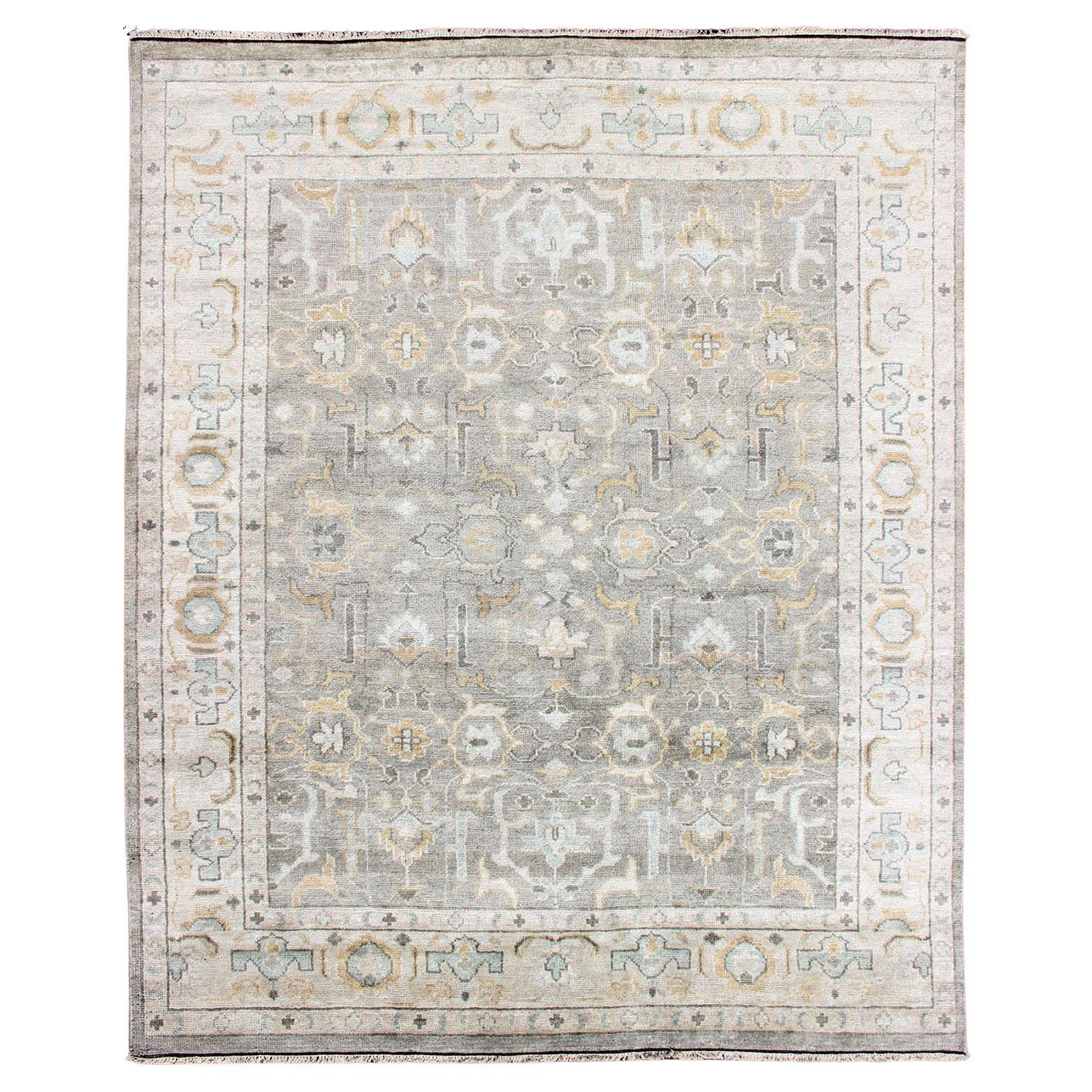 Hand-Knotted Indian Oushak in Faded Green, Taupe, Gold and Cream