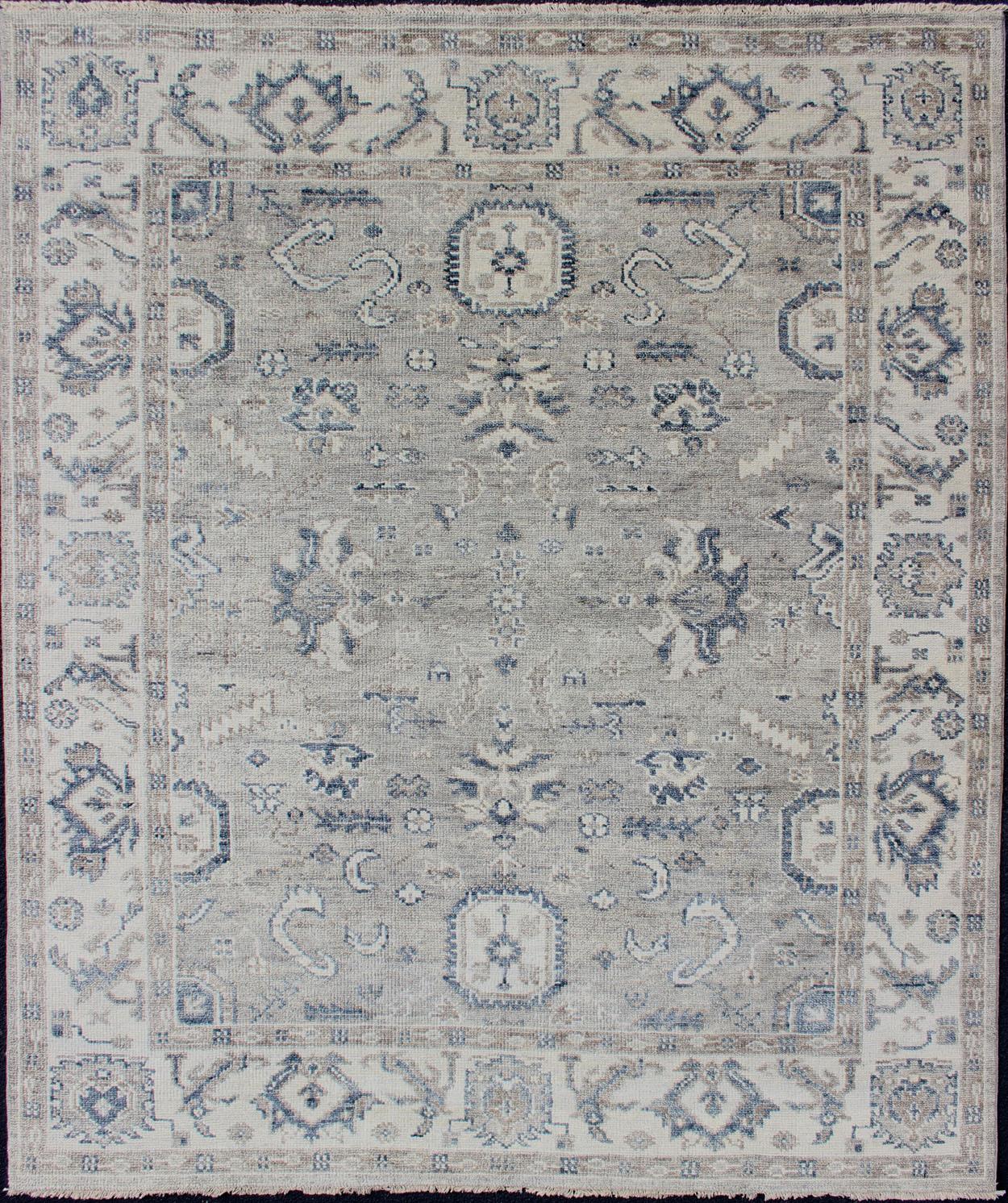 Hand-Knotted Indian Wool Oushak Rug in Cool Neutral Tones