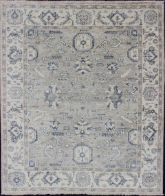 Hand-Knotted Indian Wool Oushak Rug in Cool Neutral Tones