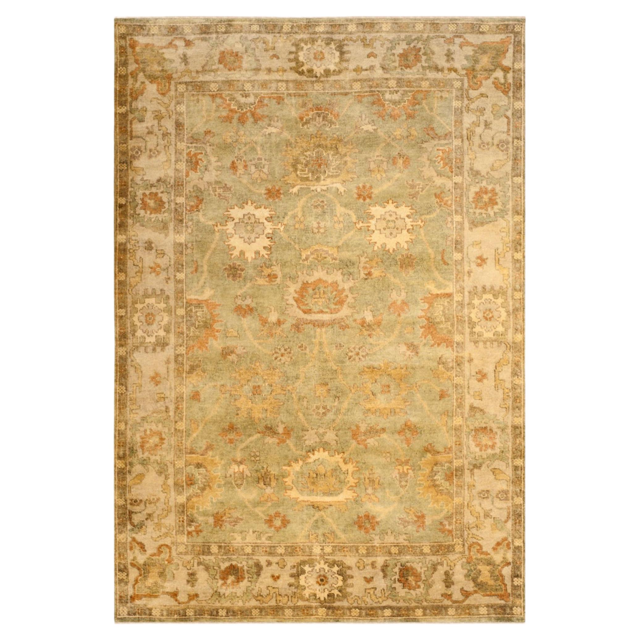 Hand-Knotted Indian Wool Rug with Vintage Botanical Medallion Design in Soft Sag For Sale