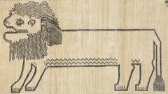 Hand-Knotted Ivory and Black Wool & Silk Lion Rug, Tribal Minimalist Design 3x5