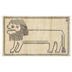 Hand-Knotted Ivory and Black Wool & Silk Lion Rug, Tribal Minimalist Design 3x5