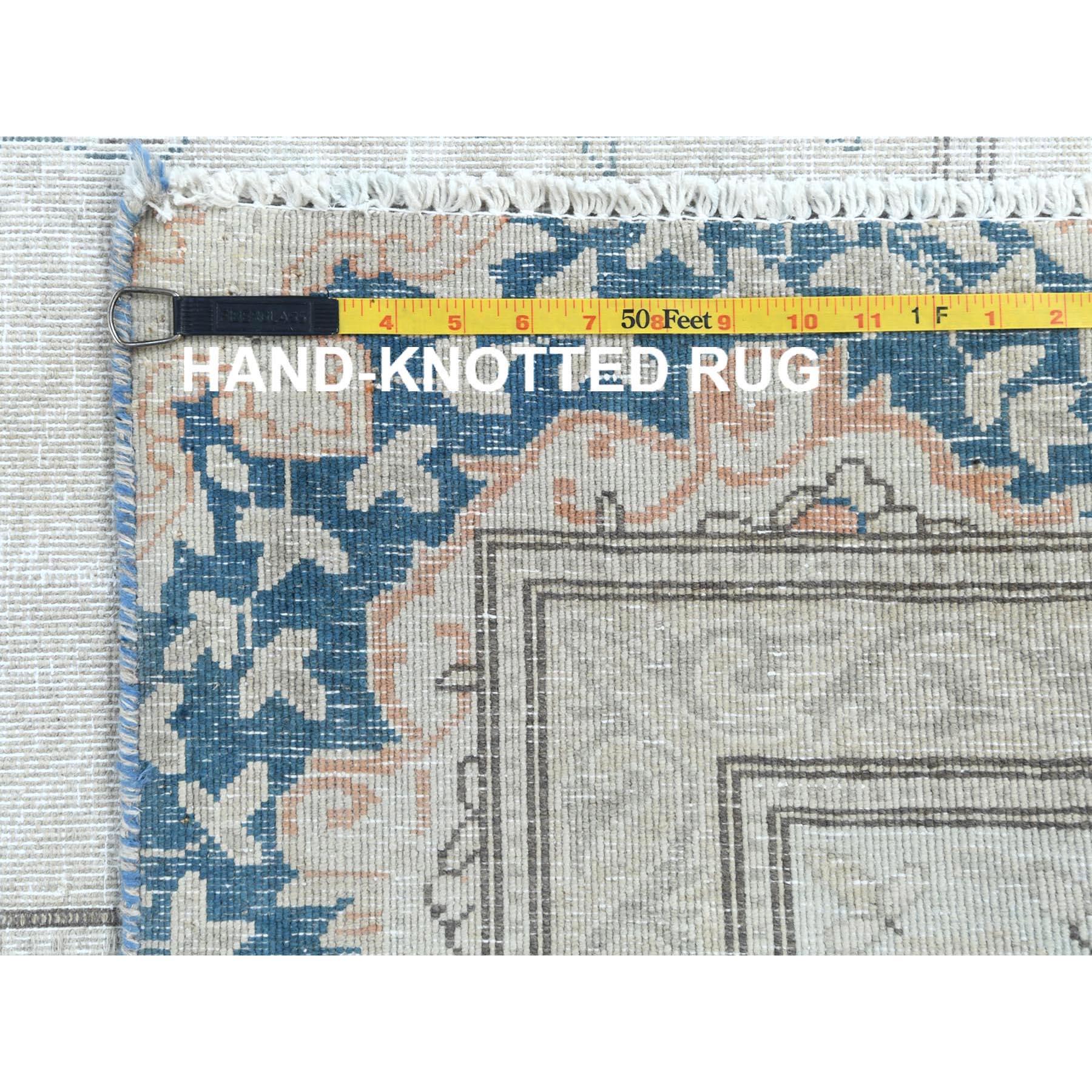 Hand Knotted, Ivory, Vintage, Persian Kerman, Distressed Look, Worn Wool Rug For Sale 6