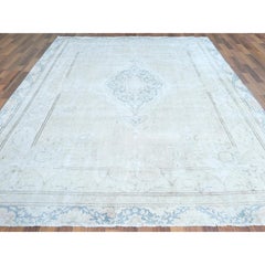 Ivory Hand Knotted Vintage Zoroastrian Karman Distressed Look Worn Wool Rug