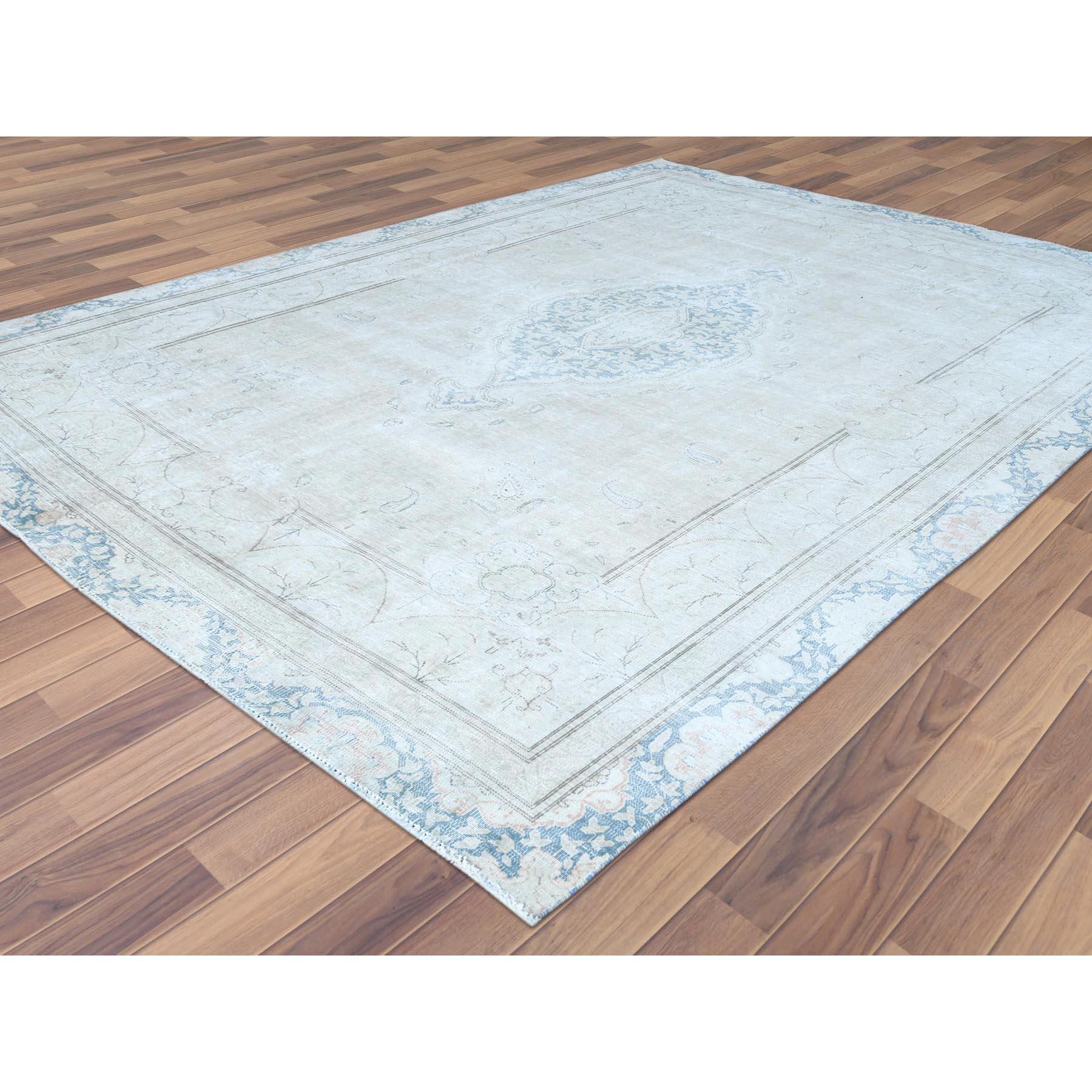Hand-Knotted Hand Knotted, Ivory, Vintage, Persian Kerman, Distressed Look, Worn Wool Rug For Sale