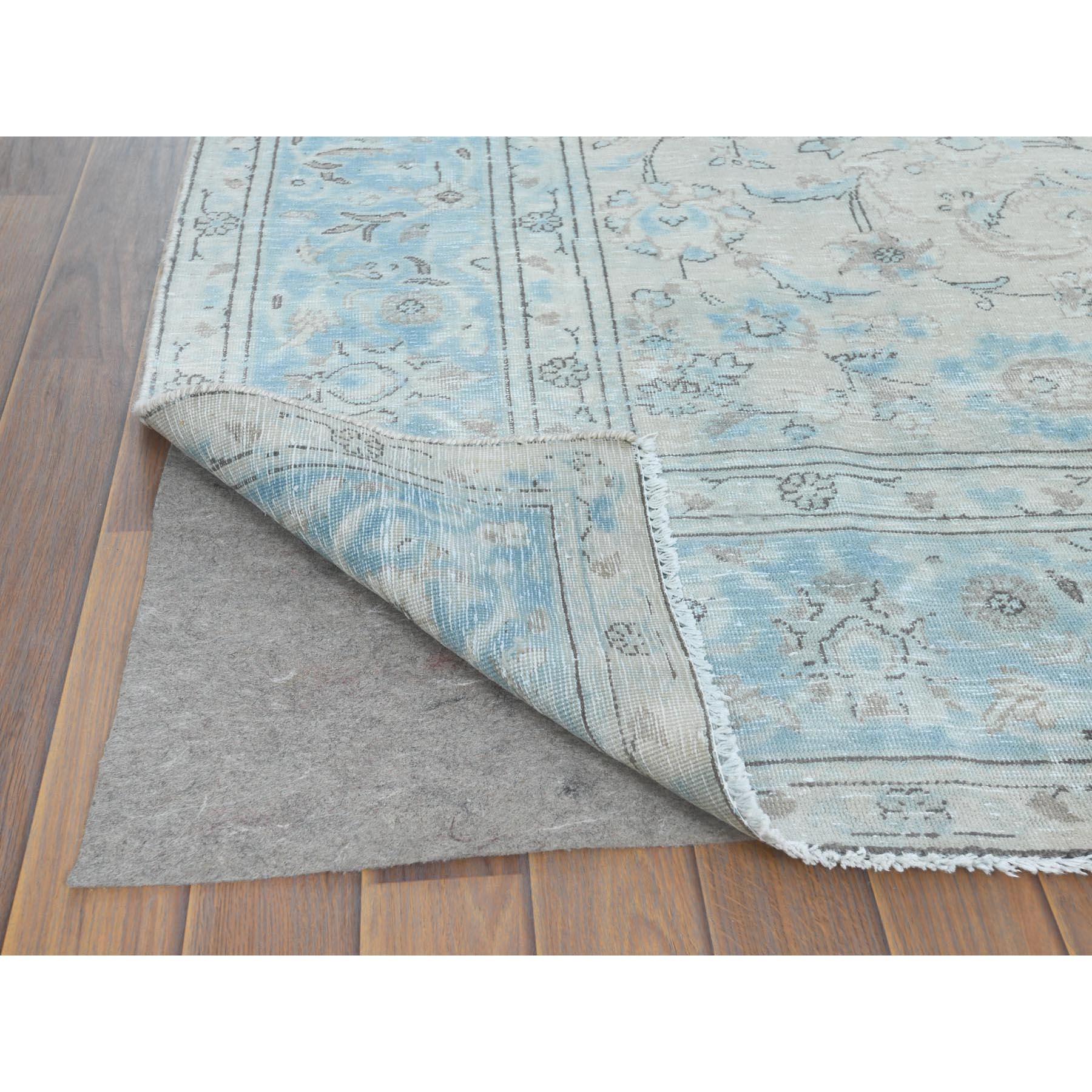 Hand Knotted, Ivory, Vintage Persian Kerman, Distressed Look, Worn Wool Rug In Good Condition For Sale In Carlstadt, NJ