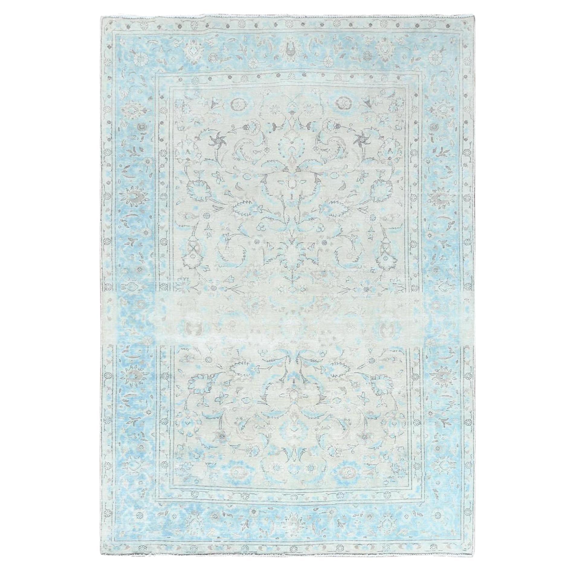 Tapis persan Kerman vintage noué à la main, ivoire, aspect vieilli, en laine usée