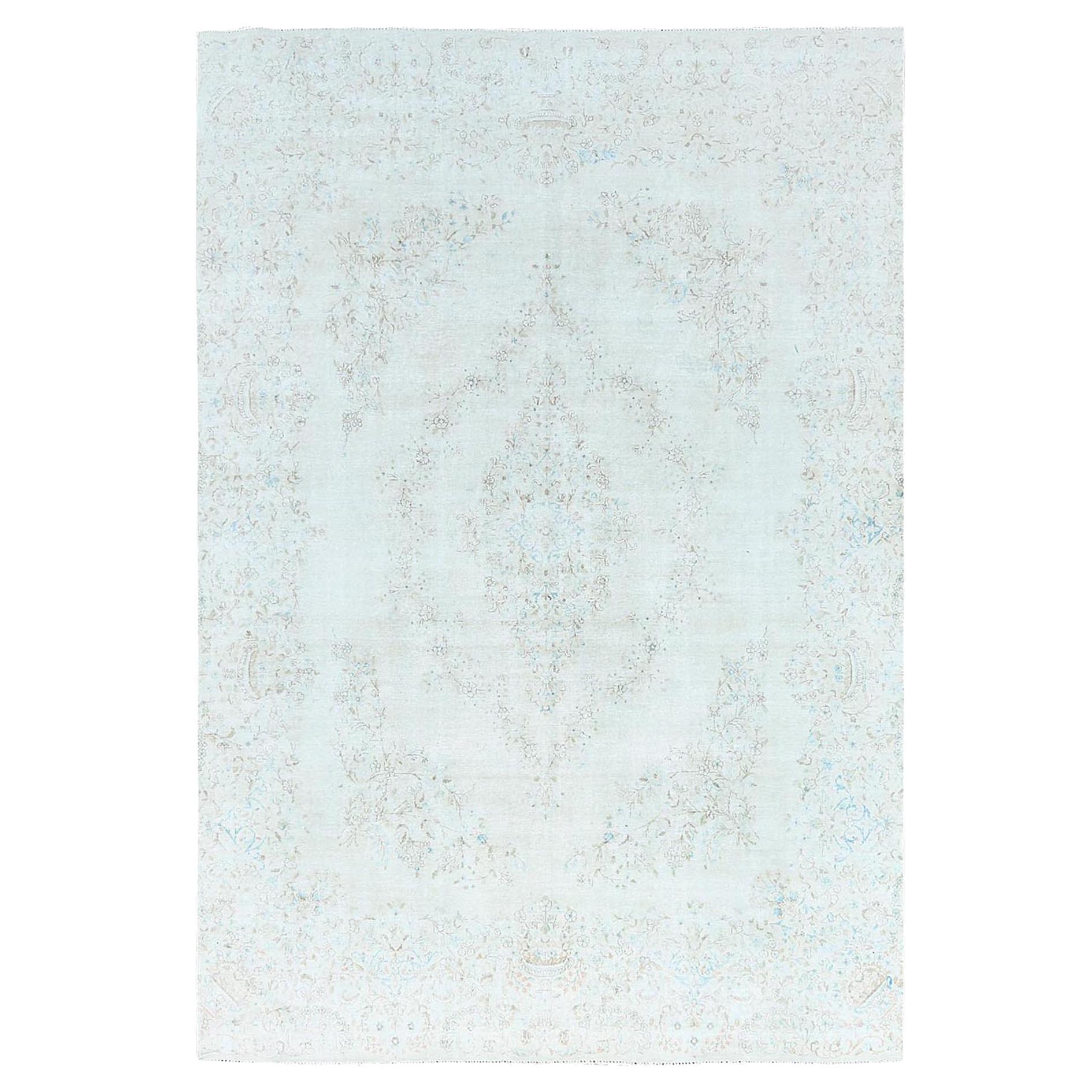 Worn Wool, Hand Knotted, Ivory, Vintage Persian Kerman, Distressed