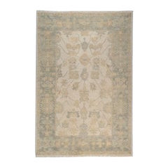Hand-Knotted Karaman Wool Rug 4x6 Ivory Sage Oushak Turkish Design