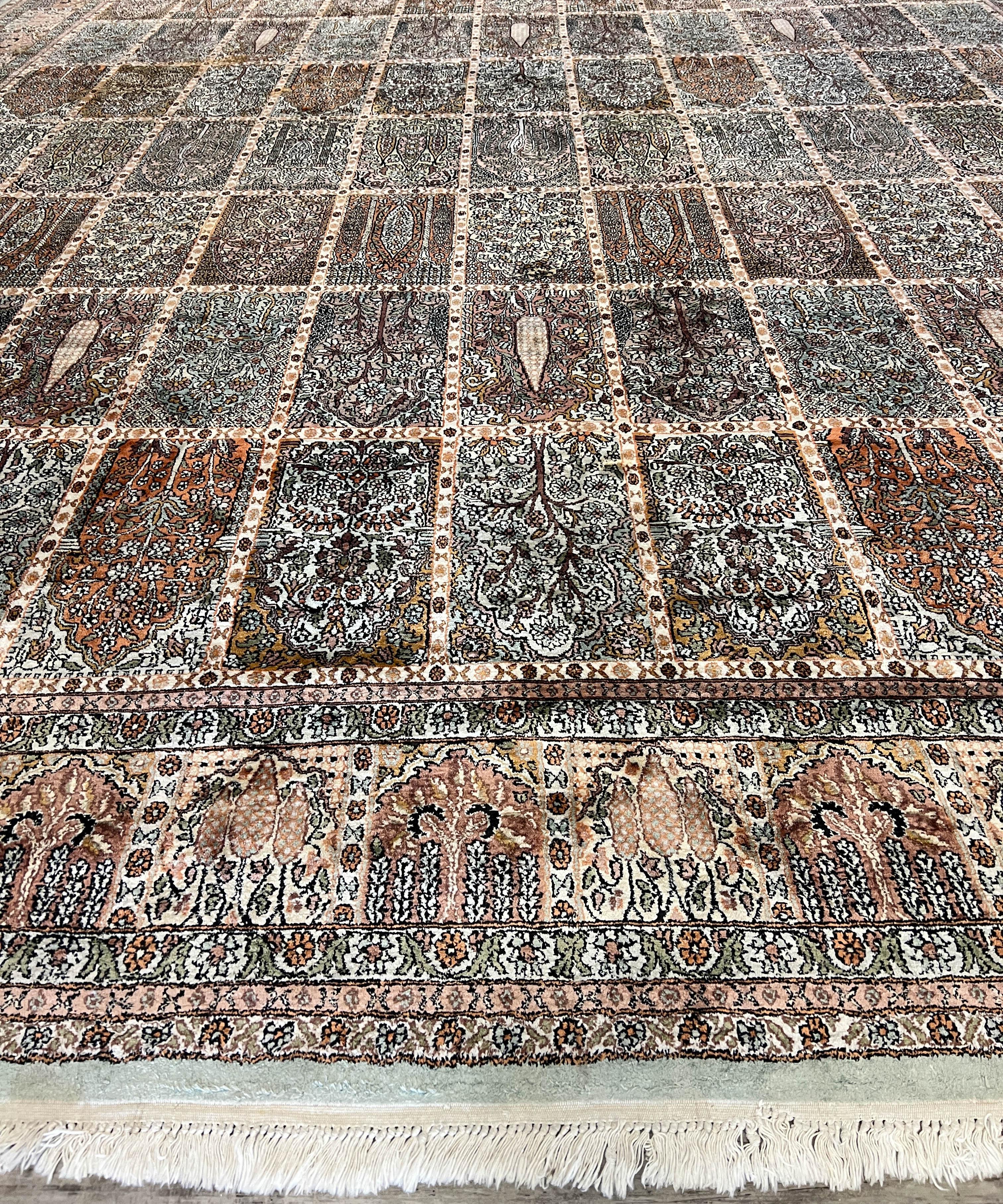 Indian Hand-Knotted Kashmir Silk Pile Rug - 12' x 18' For Sale