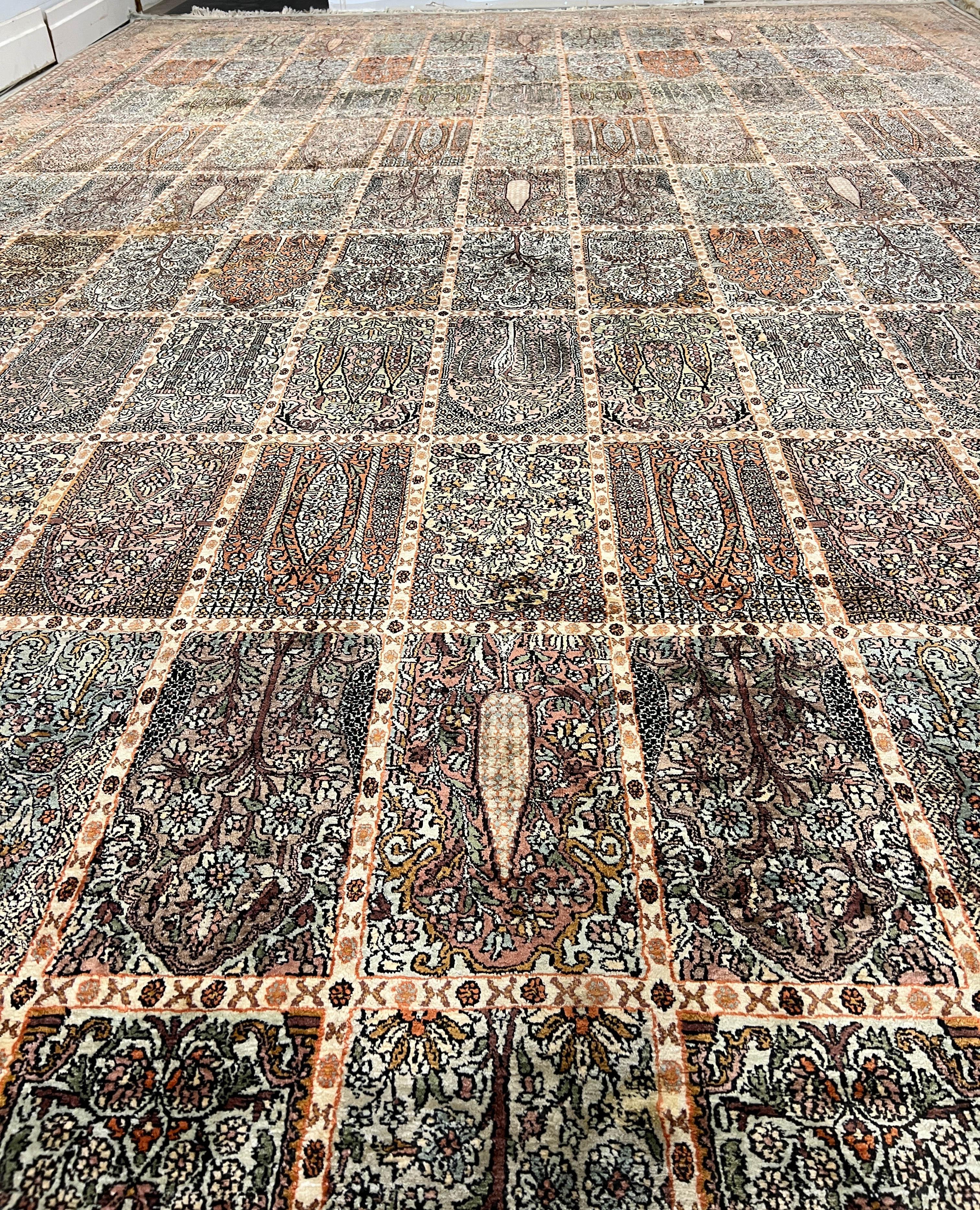 Hand-Knotted Kashmir Silk Pile Rug - 12' x 18' In Good Condition For Sale In Palm Beach Gardens, FL