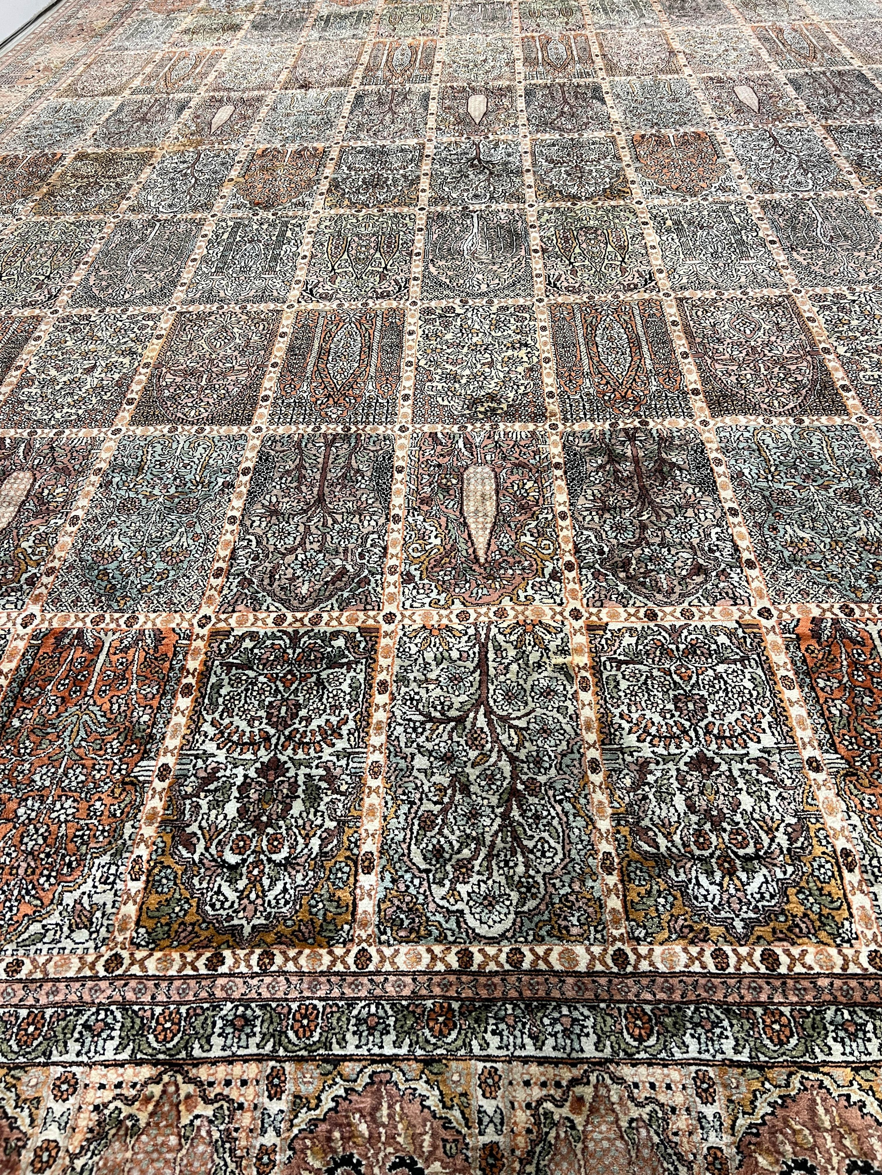Hand-Knotted Kashmir Silk Pile Rug - 12' x 18' For Sale 1