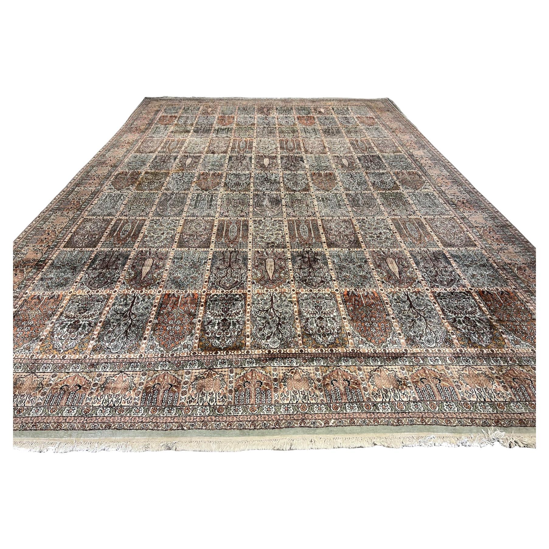 Hand-Knotted Kashmir Silk Pile Rug - 12' x 18' For Sale