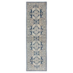 Hand Knotted Khotan Runner with Geometric Medallions in Navy and Cream Tones
