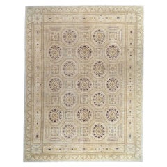 Hand-Knotted Khotan Wool Rug 8'8"x11'6" Ivory Beige Geometric Medallion