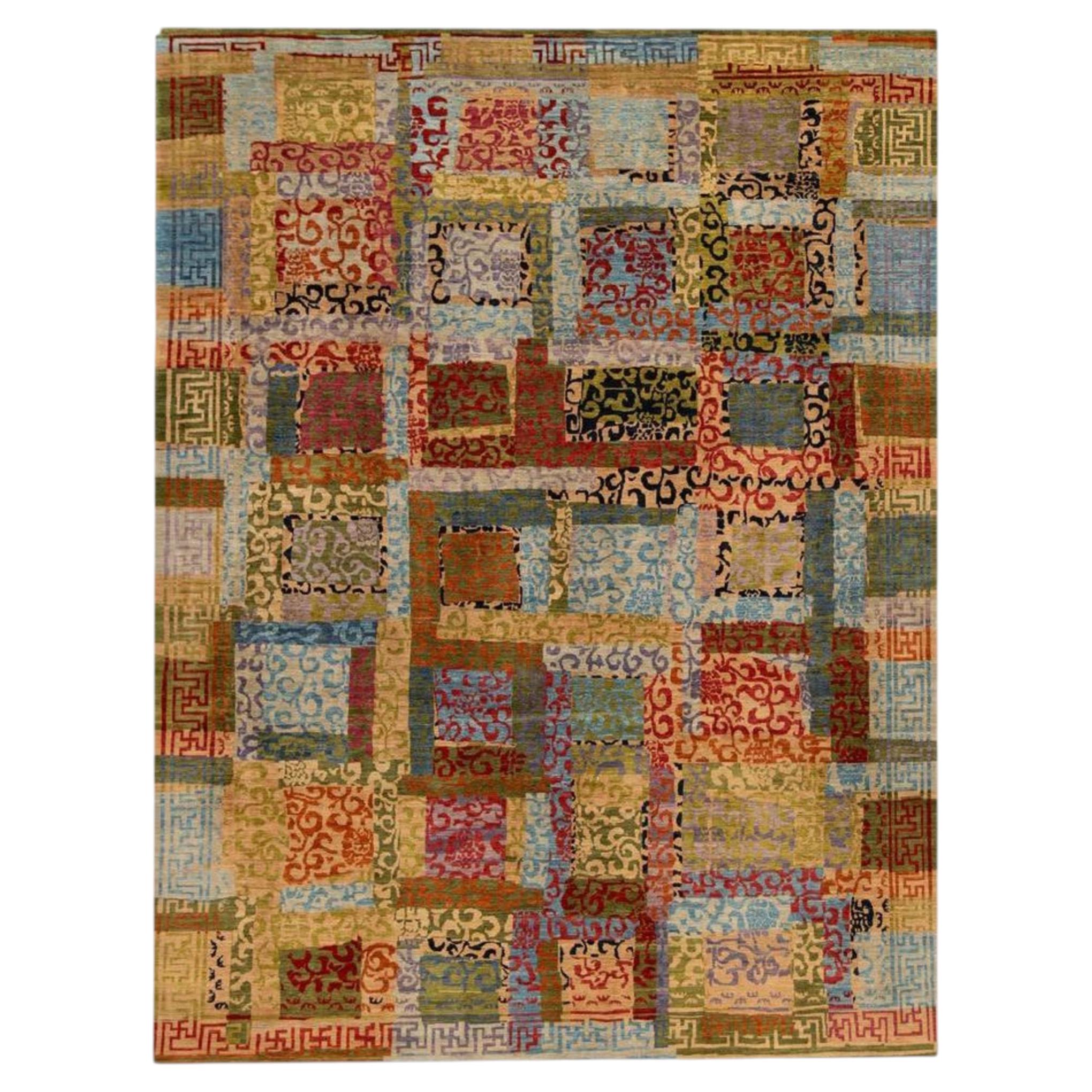 Hand-Knotted Kotan Rug in Multicolor Geometric Patchwork Design, 8'3" x 10'