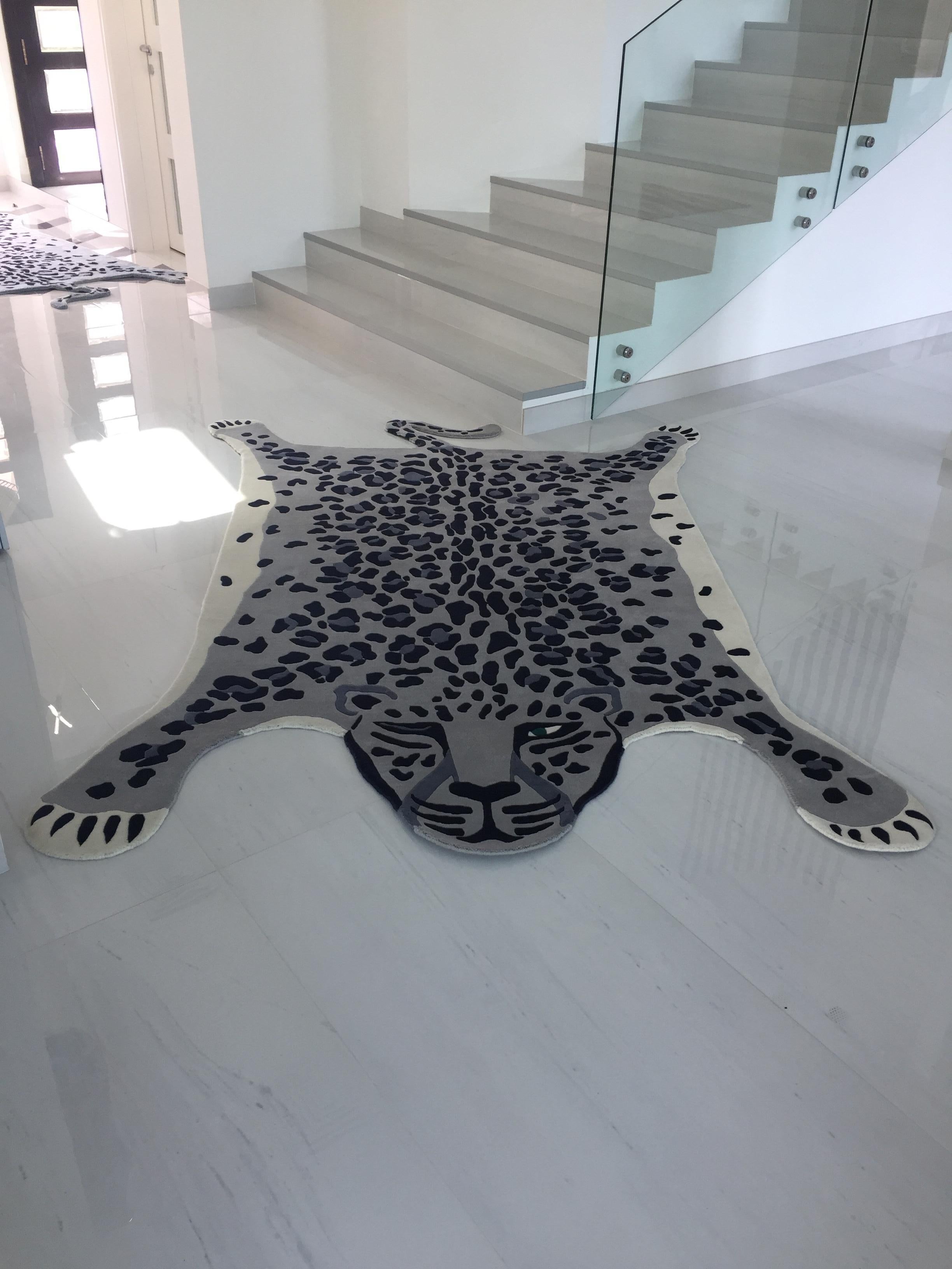 Modern Rug Leopold - Animal Grey  White Black Wool Area Carpet Handknotted Leopard   For Sale