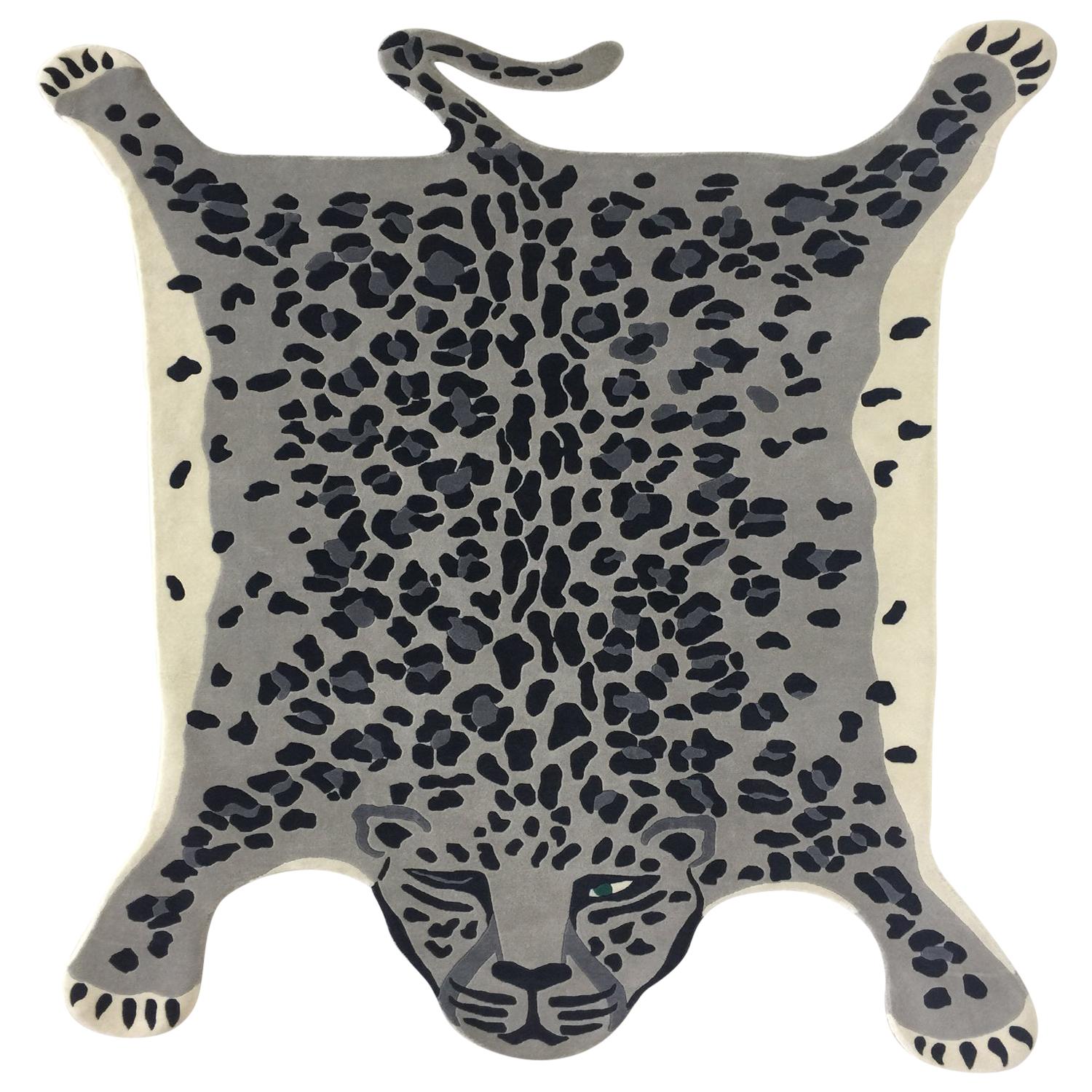 Rug Leopold - Animal Grey  White Black Wool Area Carpet Handknotted Leopard  
