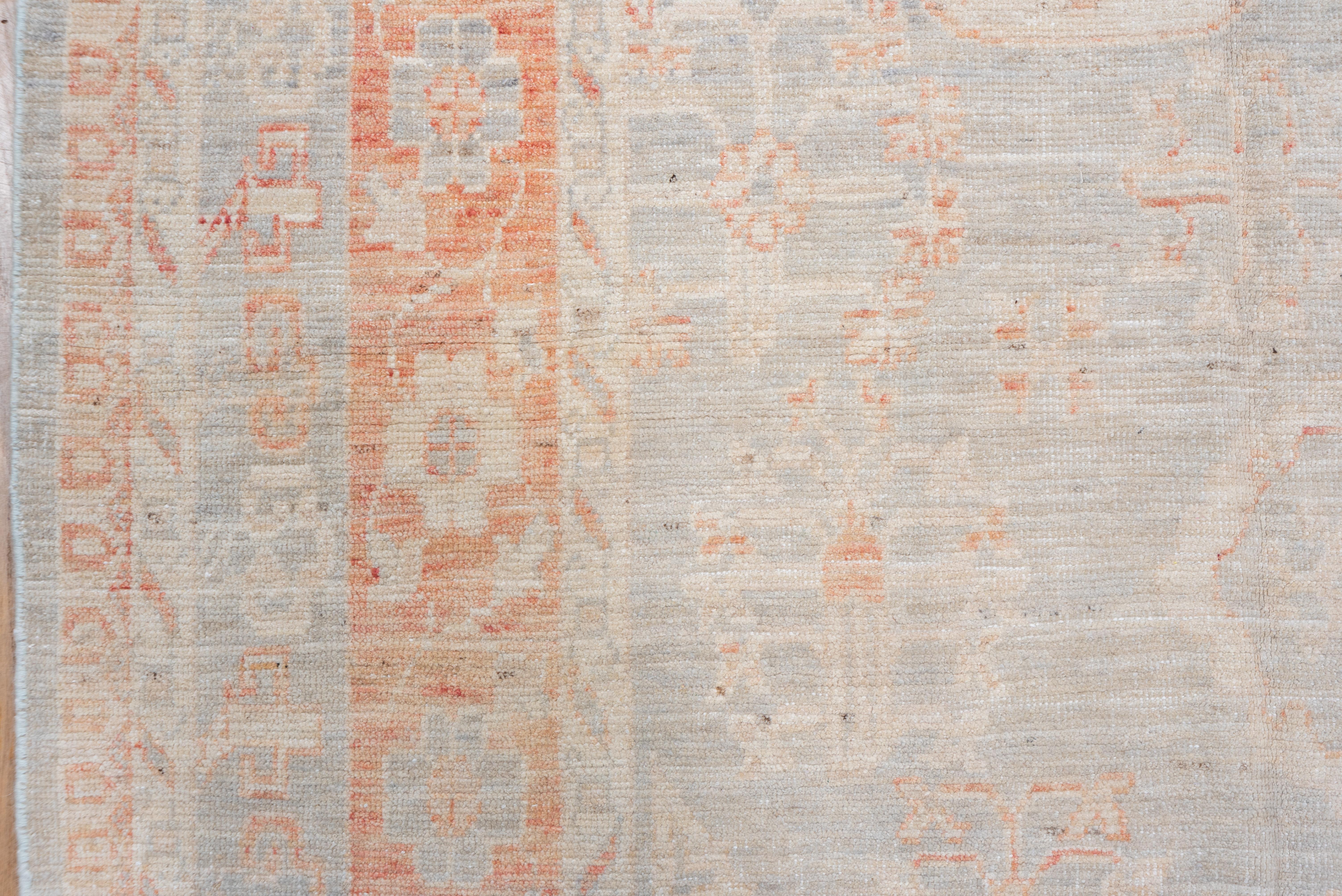 Contemporary Hand Knotted Light Gray Khotan Design Rug, Salmon Colored Borders