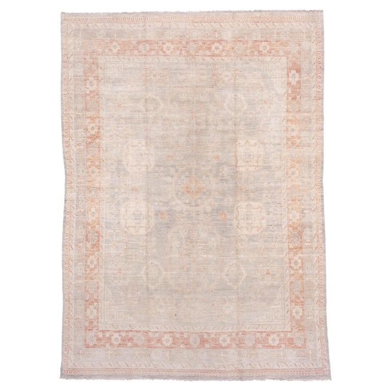 Hand Knotted Light Gray Khotan Design Rug, Salmon Colored Borders For