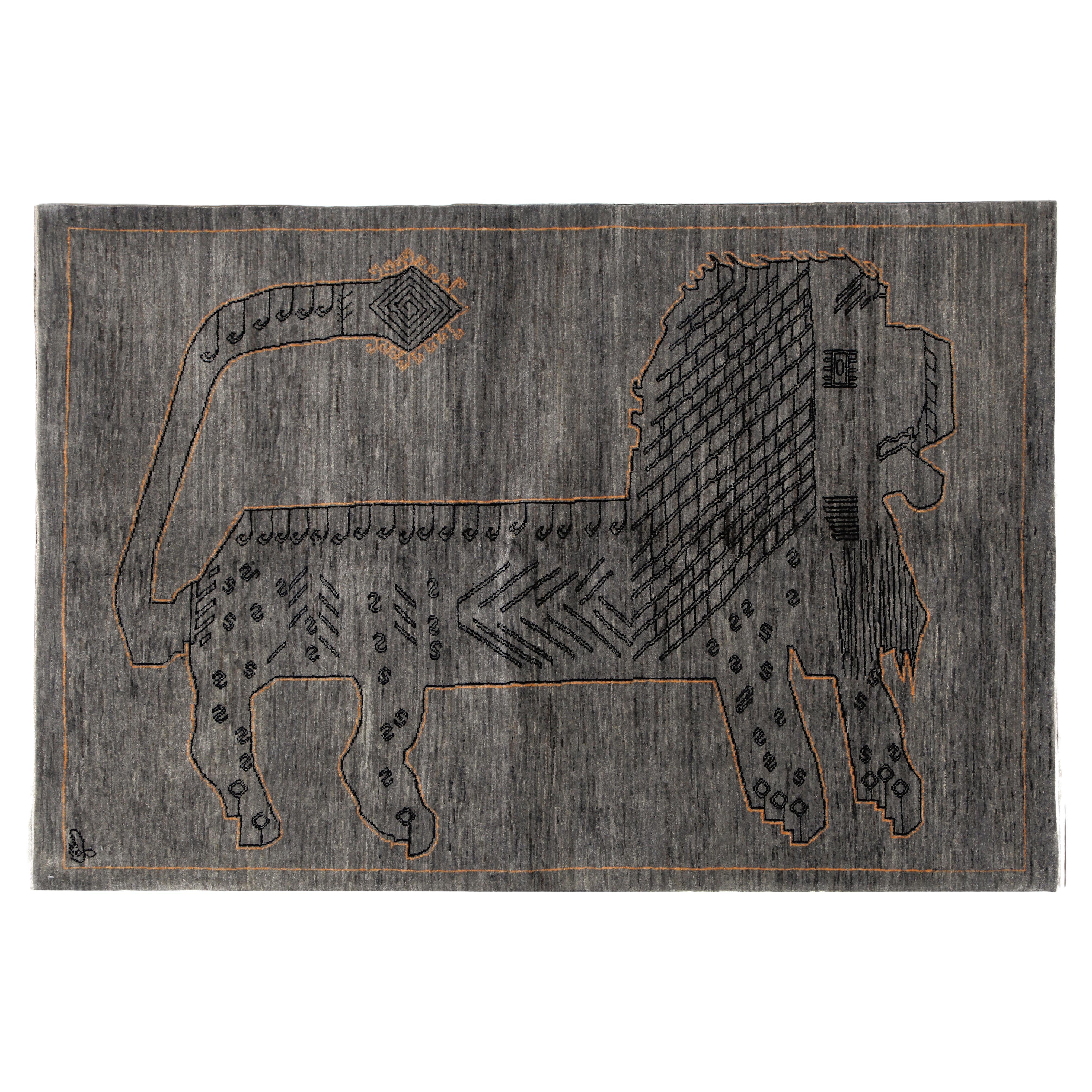 Tapis de laine persane Lion noué à la main en gris, orange et noir, 4 pi x 6 pi