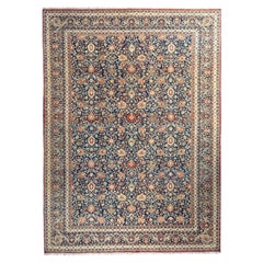Hand-Knotted Mahindra Wool Rug 9'x12'5" Navy Blue Ivory Floral Design