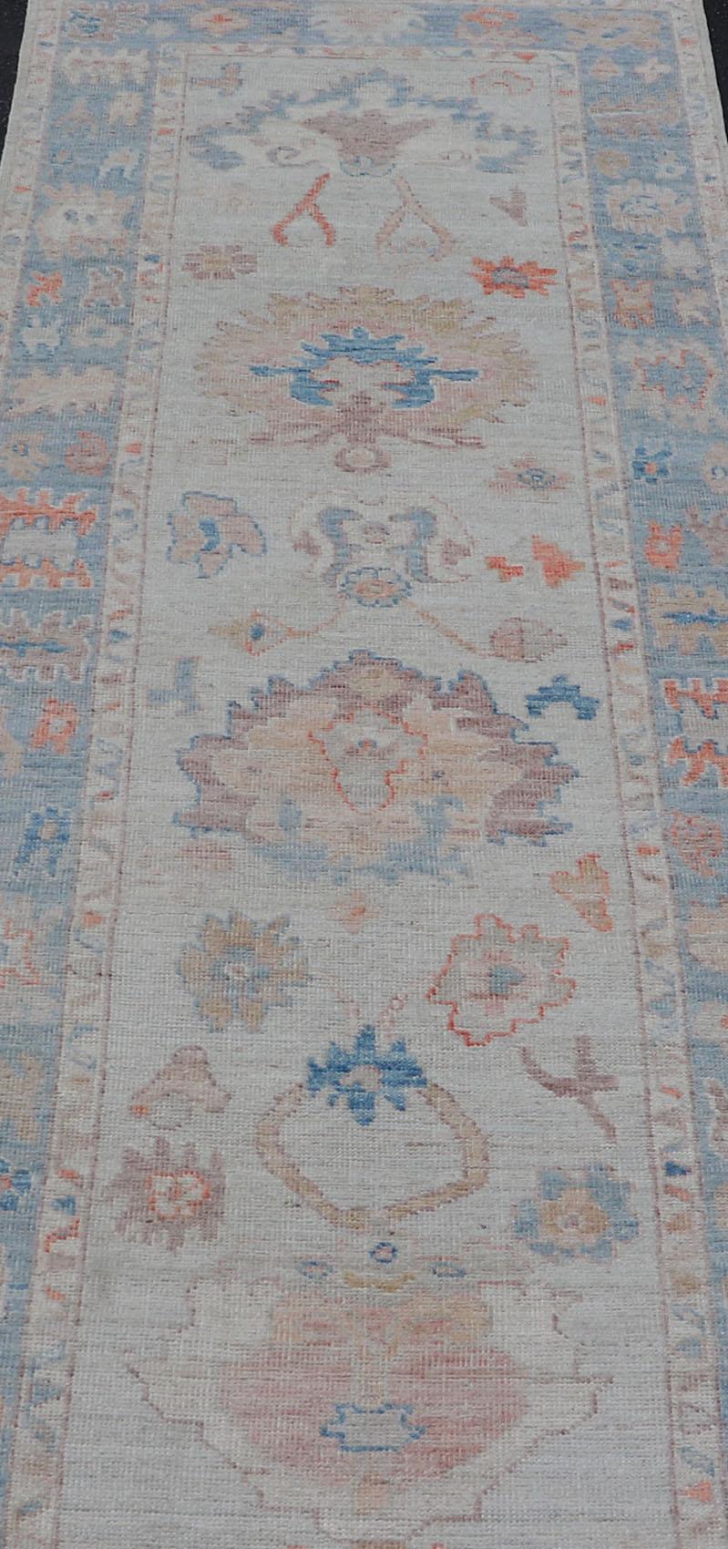 Hand-Knotted Medallion Oushak Design Runner featuring Faded Colors For Sale 4