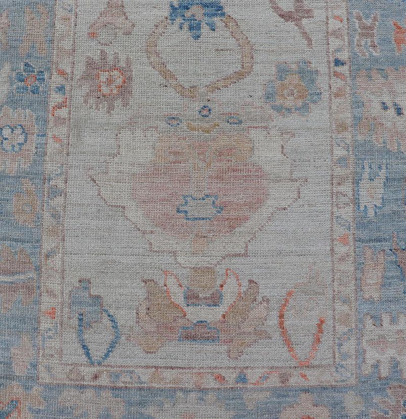 Hand-Knotted Medallion Oushak Design Runner featuring Faded Colors In New Condition For Sale In Atlanta, GA