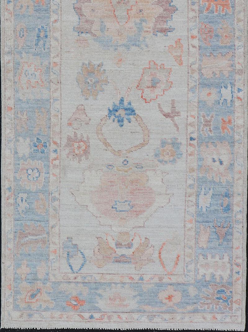 Hand-Knotted Medallion Oushak Design Runner featuring Faded Colors For Sale 1