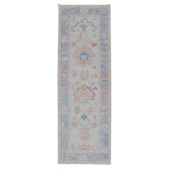 Hand-Knotted Medallion Oushak Design Runner featuring Faded Colors