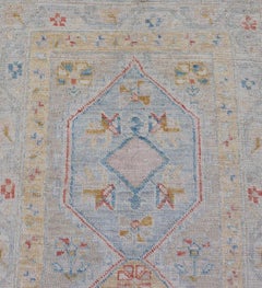 Hand-Knotted Medallion Oushak Design Runner featuring Faded Yellow and Blue's